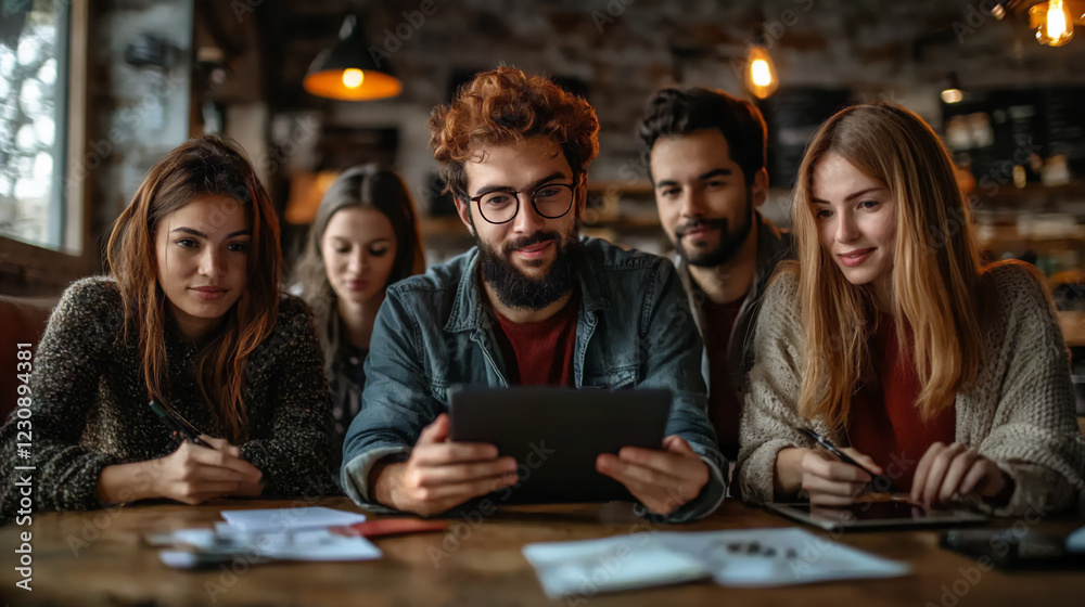 Fototapeta premium diverse team brainstorming digital marketing ideas in a coffee shop