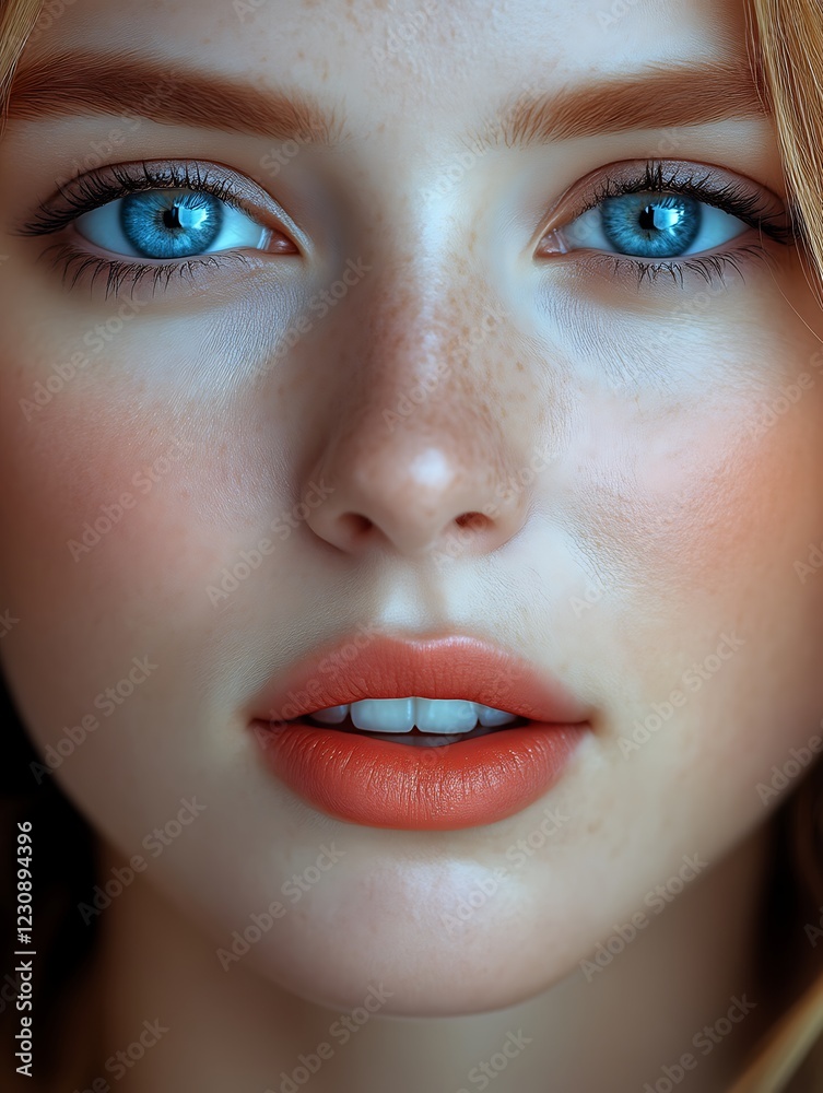 Fototapeta premium Stunning Girl Portrait Blue Eyes Coral Lips Makeup