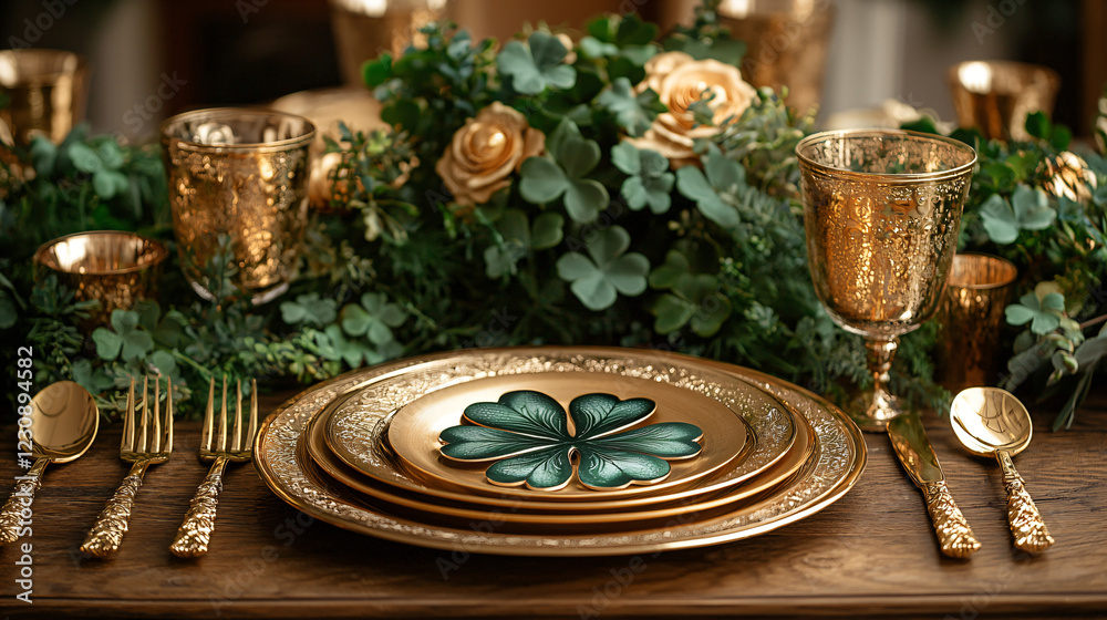 Elegant St. Patrick’s Day Table Setting with Gold Accents and Clover Decor Elegant St. Patrick’s Day Table Setting with Gold Accents and Clover Decor