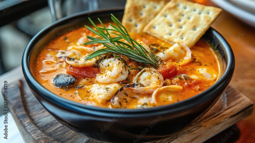 A bowl of creamy seafood soup with a variety of fish and shellfish, garnished with a sprig of rosemary and served with a side of crackers. A bowl of creamy seafood soup with a variety of fish and shellfish, garnished with a sprig of rosemary and served with a side of crackers.