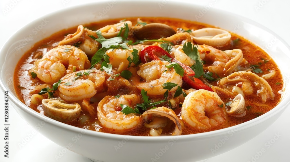 A bowl of spicy seafood ramen with shrimp, squid, and clams, garnished with chili slices and fresh herbs. A bowl of spicy seafood ramen with shrimp, squid, and clams, garnished with chili slices and fresh herbs.
