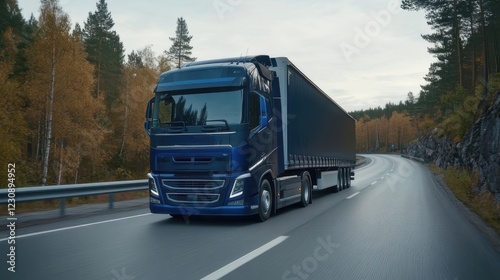 Wallpaper Mural Blue Freight Truck Driving on a Scenic Road Surrounded by Autumn Trees and Mountain Landscape Torontodigital.ca