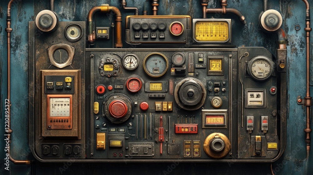 A close-up of a factory control panel with numerous switches, buttons, and dials, surrounded by an industrial metal frame with scratches. A close-up of a factory control panel with numerous switches, buttons, and dials, surrounded by an industrial metal frame with scratches.