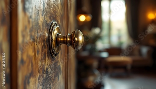 Antique Brass Door Knob on Wooden Door