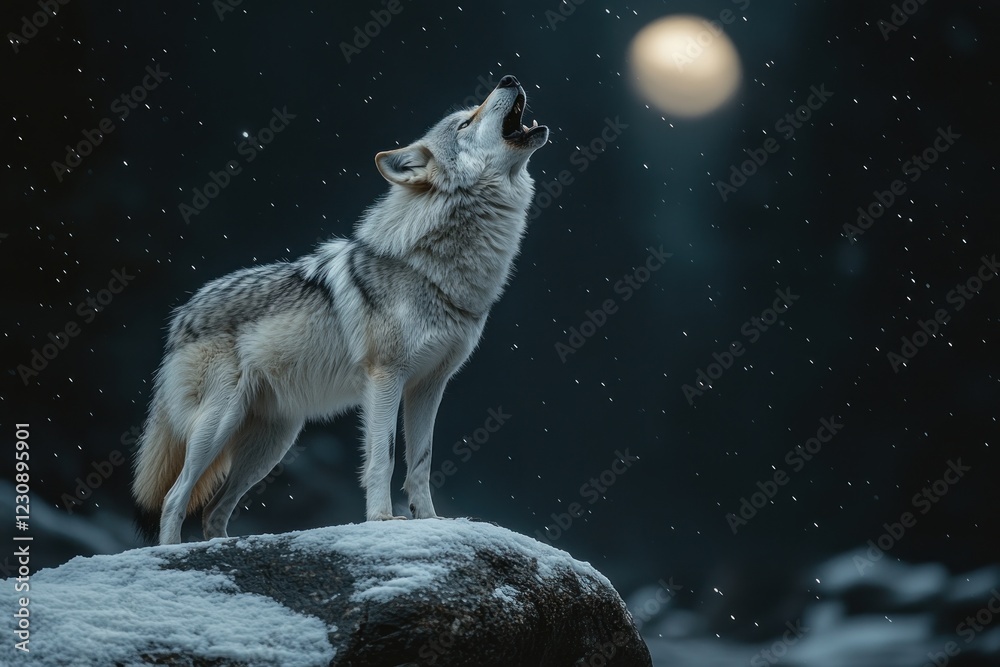 Howling wolf in snowy landscape under full moon Howling wolf in snowy landscape under full moon