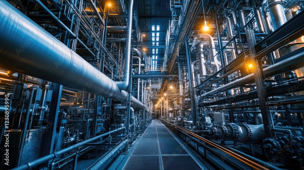 A dark industrial factory with heavy machinery, pipelines, and metal surfaces illuminated by cool ambient lights. A dark industrial factory with heavy machinery, pipelines, and metal surfaces illuminated by cool ambient lights.