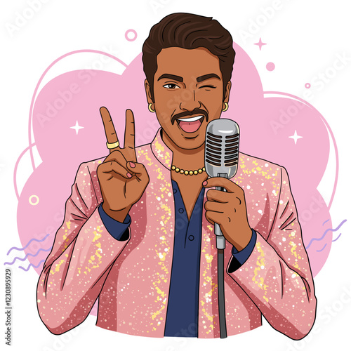 Indian Pop male singer doing victory sign, holding vintage microphone. Colorful minimalist illustration
