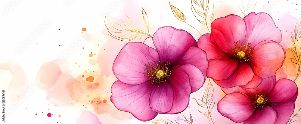 Fototapeta premium Watercolor Pink and Red Flowers with Gold Accents on a Soft Background