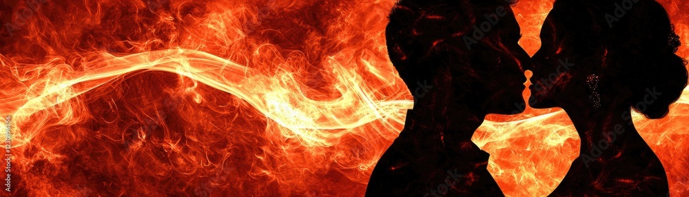 Obraz premium Passionate couple silhouetted against fiery background; romance, love concept