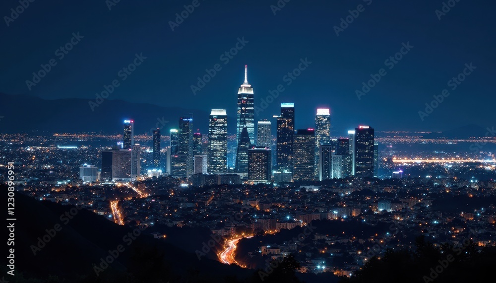Obraz premium Night view, LA's illuminated skyscrapers against dark sky , urban, nighttime, skyscrapers