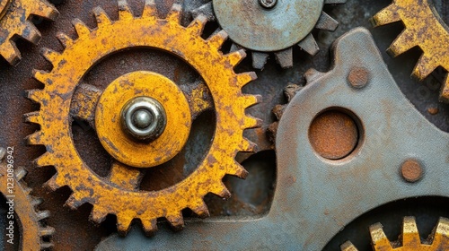 A heavily greased mechanical gear assembly, reflecting light from different angles, highlighting industrial wear.