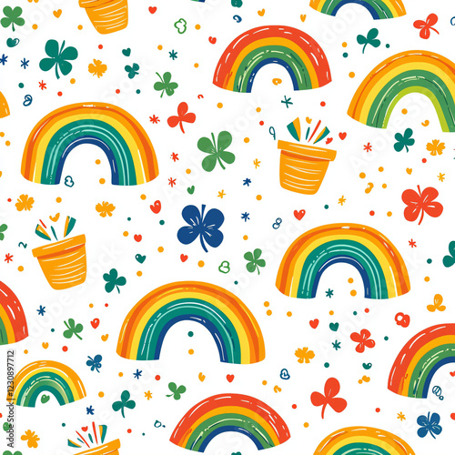 Seamless St. Patrick’s Day Pattern with Rainbows, Pots of Gold, and Clovers – Vector Design