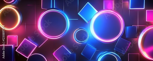 Vector artwork of dazzling 3D circles and squares with bright neon light effects for a futuristic look