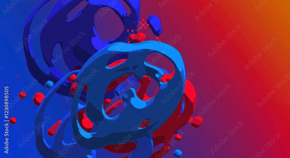 Fototapeta premium Abstract Digital Art: A captivating digital artwork features a dynamic composition of amorphous shapes and forms in vivid shades of red and blue, blending seamlessly against a gradient background.