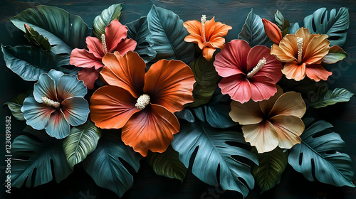 Wallpaper Mural Vibrant Orange and Pink Hibiscus Flowers with Teal Leaves on Dark Background Torontodigital.ca