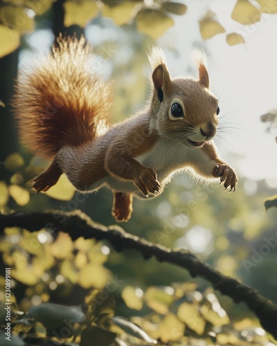 Leaping squirrel, forest branch, sunlight, leaves, nature, wildlife, playful, advertisement photo