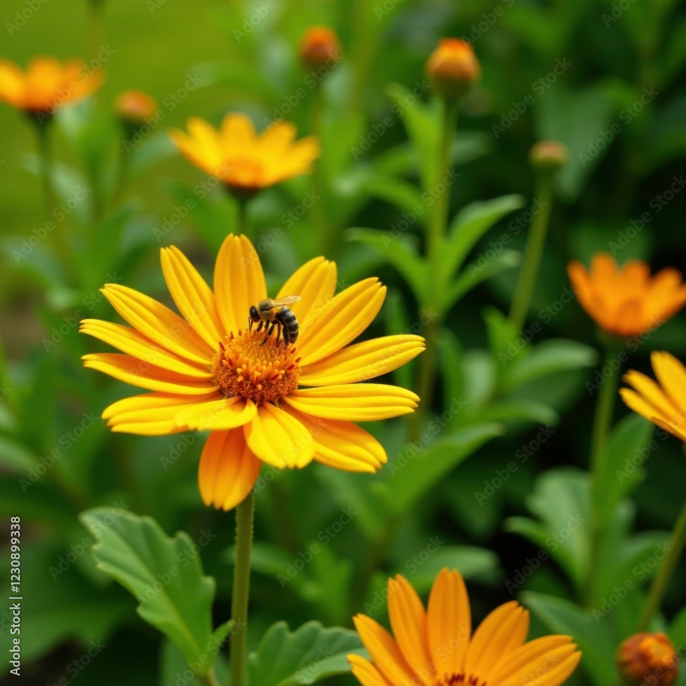 Yellow and orange Ixora flowers in a lush green garden, bees, holland Yellow and orange Ixora flowers in a lush green garden, bees, holland