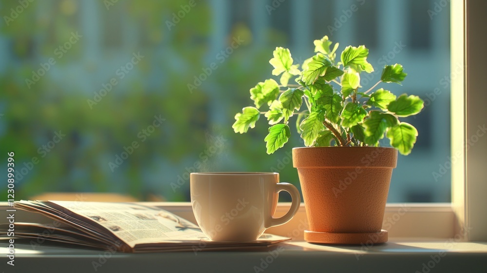Warm Sunlight Illuminates a Cozy Window Scene with Coffee, Plant, and Notebook Warm Sunlight Illuminates a Cozy Window Scene with Coffee, Plant, and Notebook