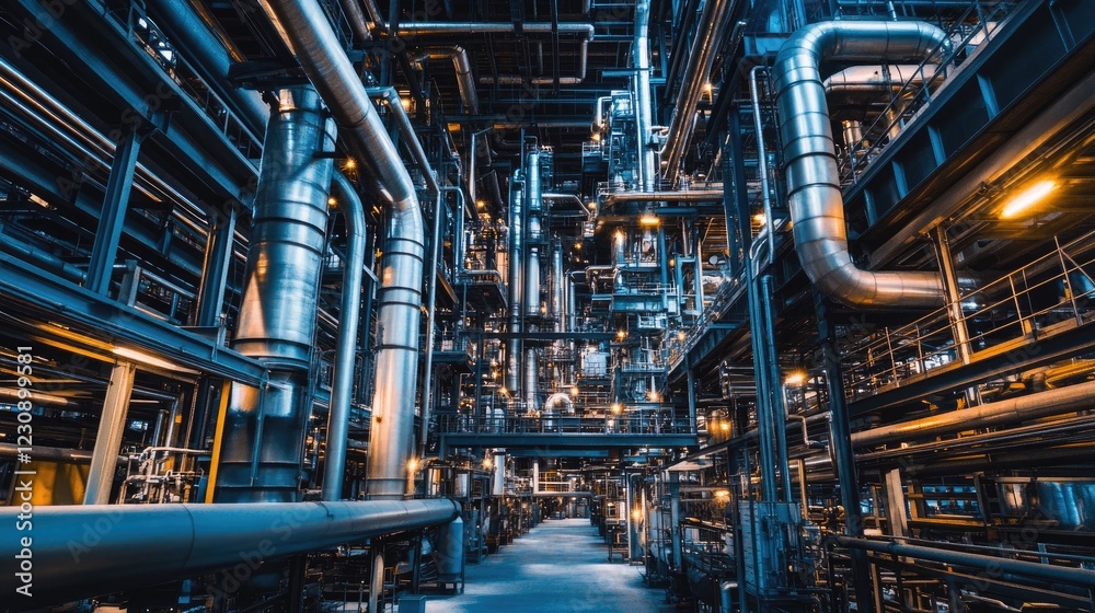 A vast, dimly lit factory interior with metallic structures, pipes, and beams. The industrial setting exudes a raw, mechanical atmosphere with a cold, neutral color palette. A vast, dimly lit factory interior with metallic structures, pipes, and beams. The industrial setting exudes a raw, mechanical atmosphere with a cold, neutral color palette.