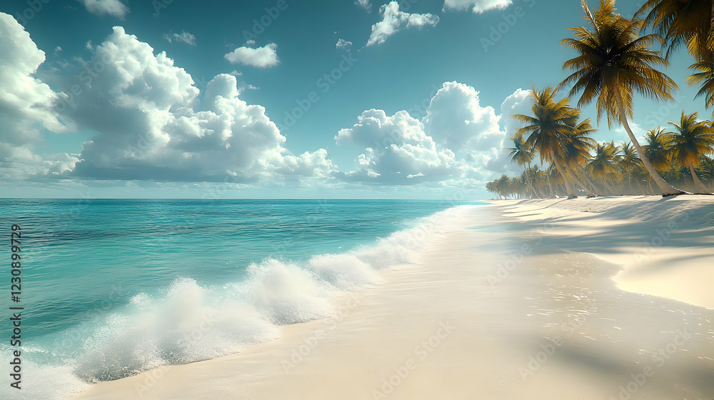 custom made wallpaper toronto digitalTranquil Tropical Beach Scene: Azure Ocean Waves Lap Gently on Pristine White Sand Under a Bright Sunny Sky