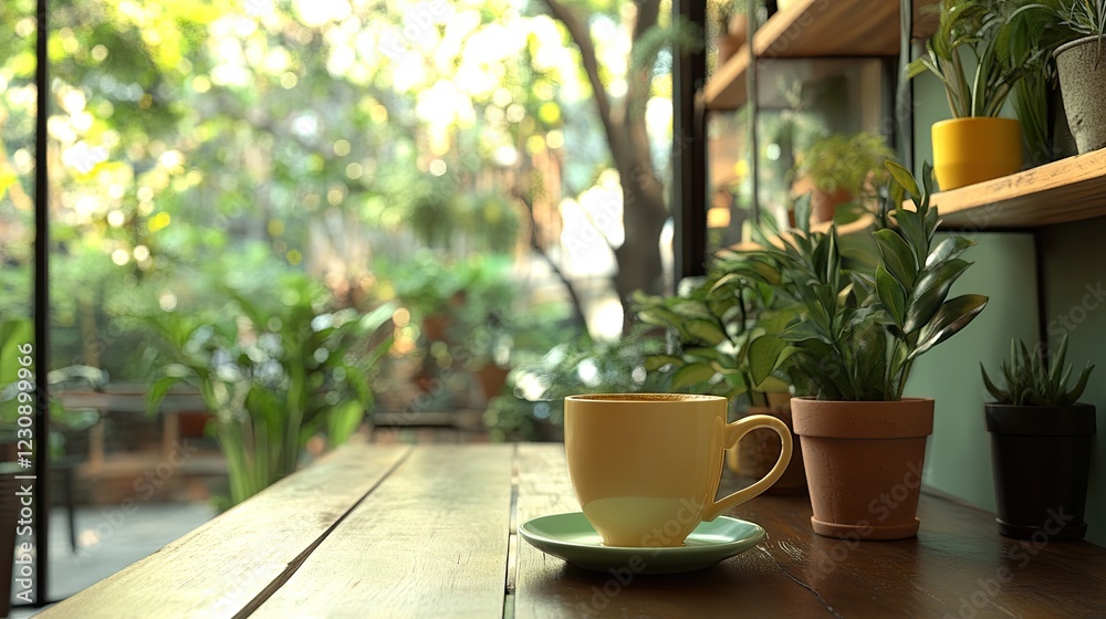 A warm latte on a rustic wooden table surrounded by potted plants, with a glimpse of a forested caf environment. A warm latte on a rustic wooden table surrounded by potted plants, with a glimpse of a forested caf environment.