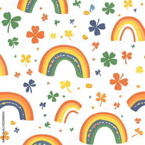 Whimsical Seamless Pattern with Rainbows, Pots of Gold, and Clovers on white Background
