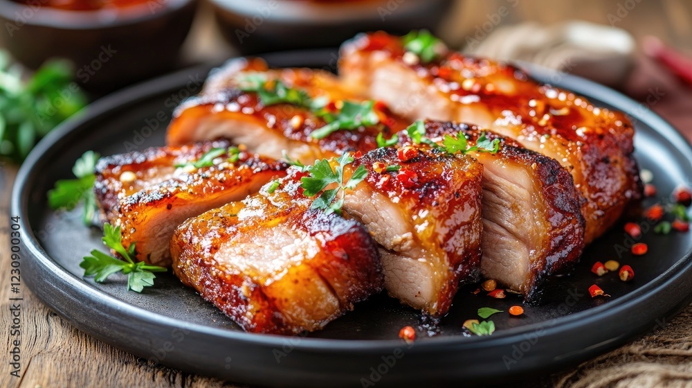 An elegant plate featuring crispy pork belly slices, garnished with fresh herbs and a drizzle of sweet chili sauce, presented against a rustic background to highlight the dish's appeal. An elegant plate featuring crispy pork belly slices, garnished with fresh herbs and a drizzle of sweet chili sauce, presented against a rustic background to highlight the dish's appeal.