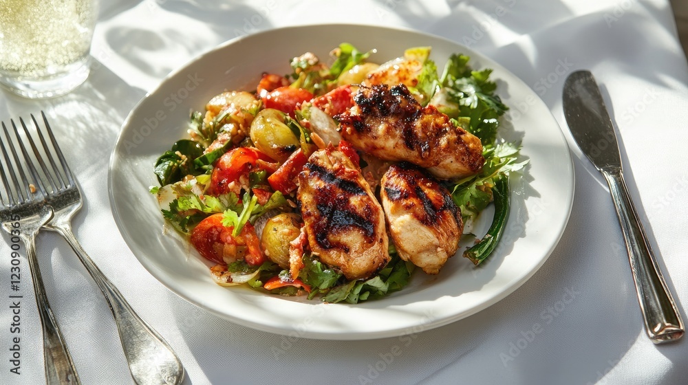 An elegant shot of a serving of som tam and grilled chicken on a white tablecloth, with the vibrant colors of the salad and the crispy chicken creating a visually appealing dish. An elegant shot of a serving of som tam and grilled chicken on a white tablecloth, with the vibrant colors of the salad and the crispy chicken creating a visually appealing dish.