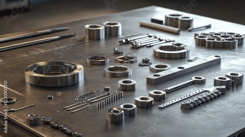 A workbench with socket wrenches, ratchets, and mechanical components neatly arranged on a rough industrial background. photo