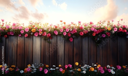 Vibrant Spring Flowers Blooming Over Wooden Fence