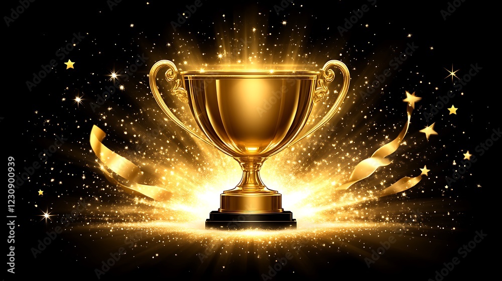 Golden Trophy Award With Sparkling Lights And Ribbons Golden Trophy Award With Sparkling Lights And Ribbons