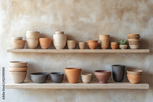 Wooden shelves with a rustic collection of ceramic pots photo