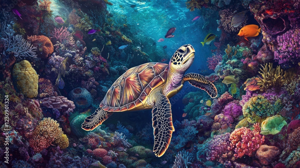 Fototapeta premium An underwater shot of a sea turtle swimming among colorful coral reefs and tropical fish, showcasing the vibrant marine life and the turtle's serene movements.