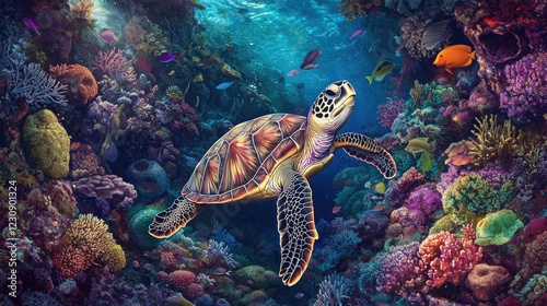 An underwater shot of a sea turtle swimming among colorful coral reefs and tropical fish, showcasing the vibrant marine life and the turtle's serene movements.