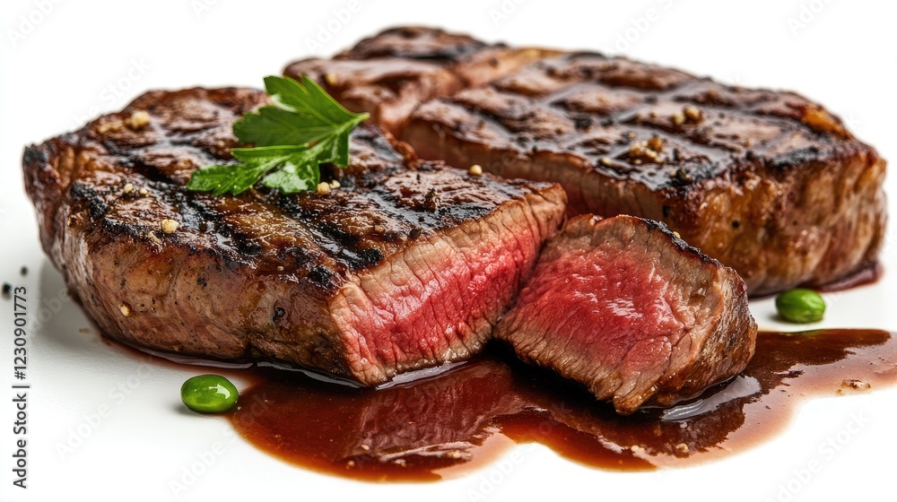 A beautifully arranged steak meal with a white background, featuring a slice of steak showing its tender interior, along with a drizzle of rich sauce.