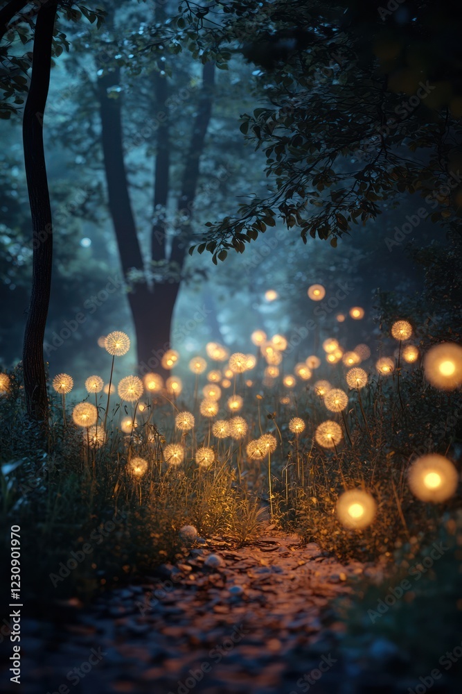Luminous Path Enchanted Forest Night Scene Luminous Path Enchanted Forest Night Scene