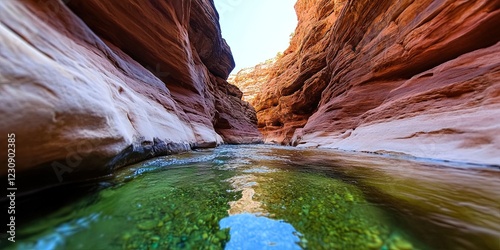 canyoning with stream in a canyon