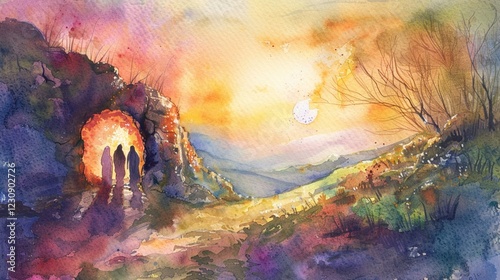 Easter scenes in watercolor including the empty tomb