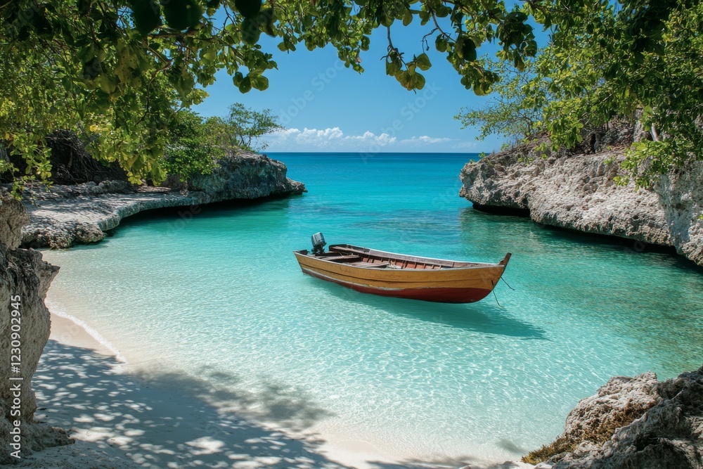 Tropical cove with turquoise water and small wooden boat Tropical cove with turquoise water and small wooden boat