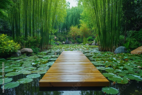 Wooden path through a serene bamboo forest in sunlight