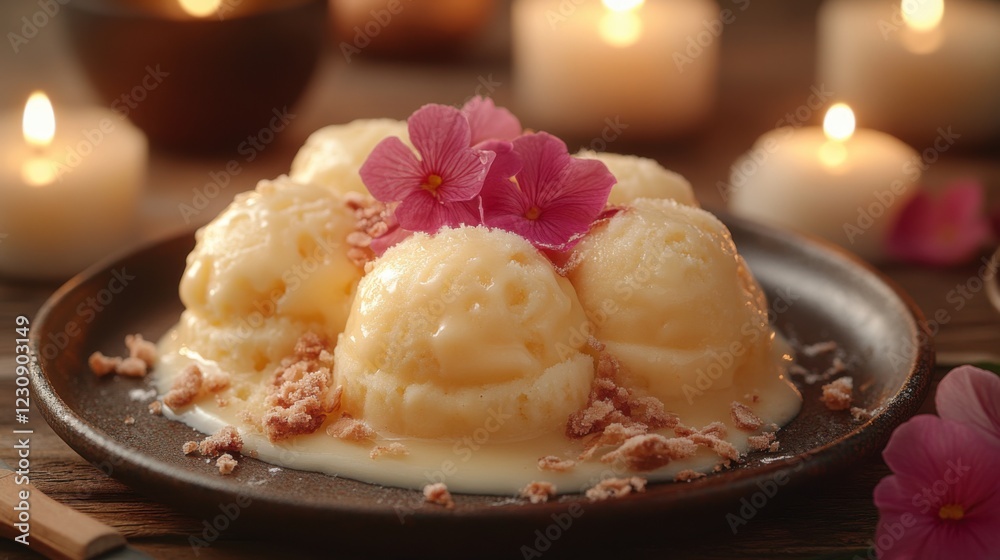 Creamy dessert served on a rustic plate, adorned with flowers, surrounded by glowing candles Creamy dessert served on a rustic plate, adorned with flowers, surrounded by glowing candles