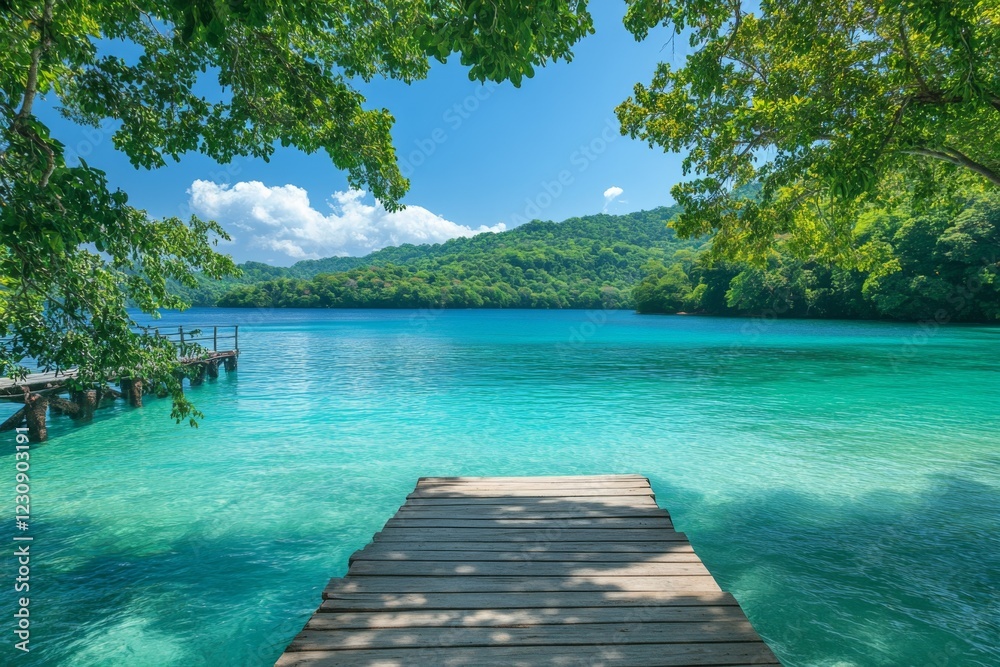 Wooden dock leading to turquoise water surrounded by lush greenery Wooden dock leading to turquoise water surrounded by lush greenery
