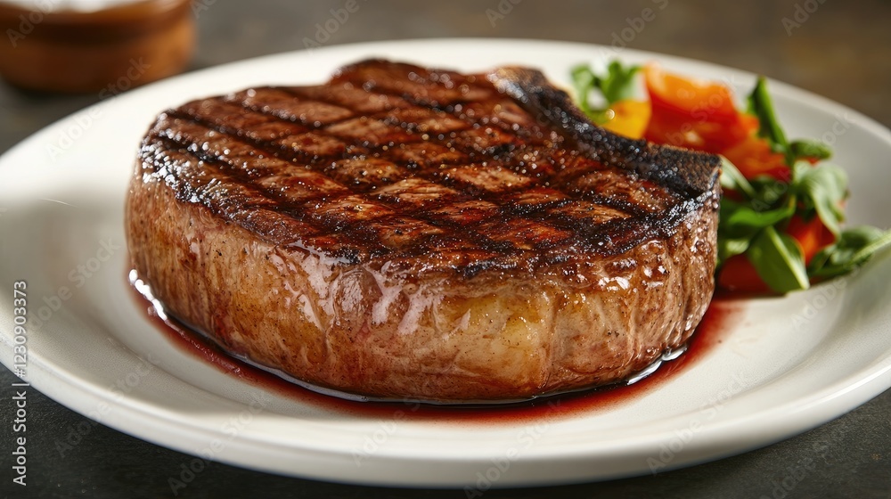 A close-up of a juicy, grilled steak with a perfectly seared crust and a hint of pink inside, elegantly presented on a white plate with minimal garnishing. A close-up of a juicy, grilled steak with a perfectly seared crust and a hint of pink inside, elegantly presented on a white plate with minimal garnishing.