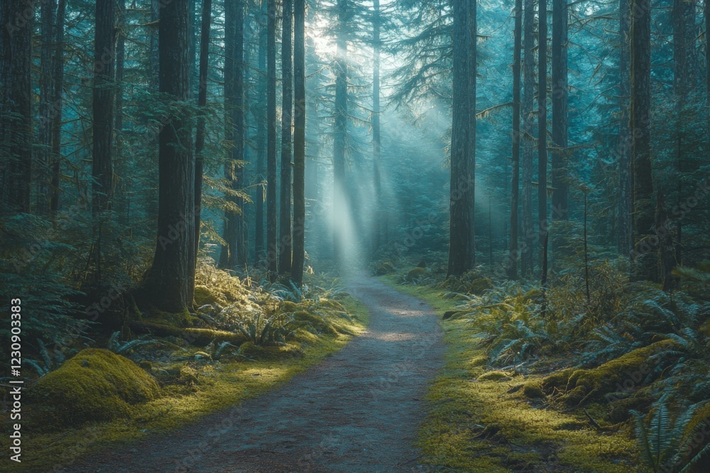 Fototapeta premium Misty forest with tall pine trees and scattered sunlight