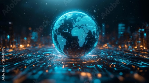 Digital sphere representing global technology with glowing blue continents. Generative AI