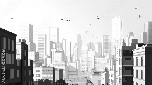 Wallpaper Mural Urban Skyline Illustration Featuring Tall Buildings and Birds Flying Torontodigital.ca