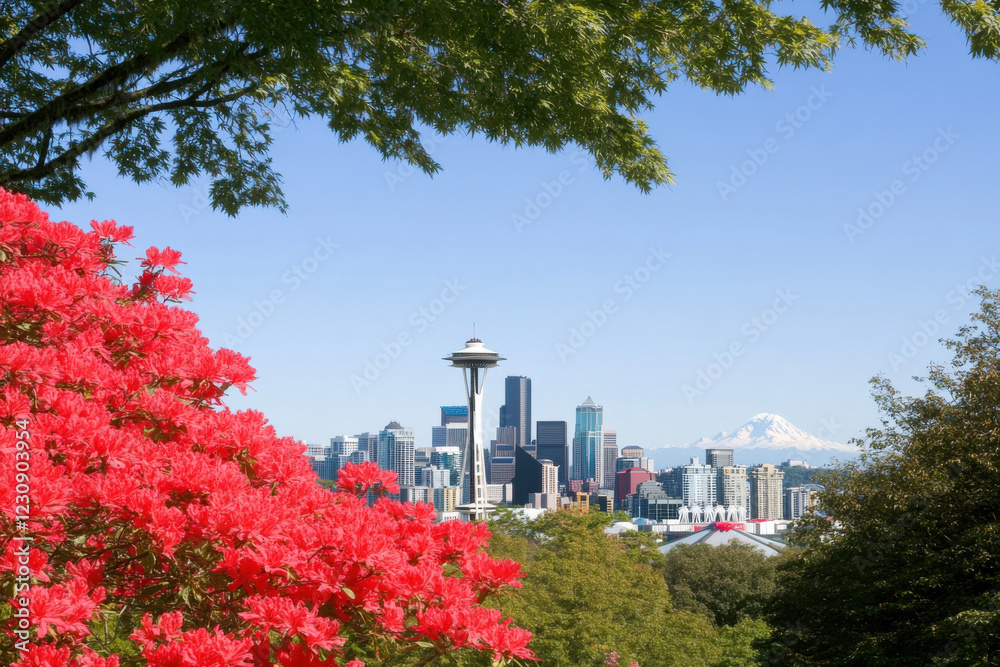 Obraz premium A city skyline with a large building in the middle