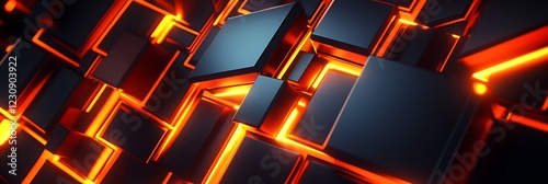 Vector design of bold 3D squares and triangles with neon light highlights captured in bright contrast lighting