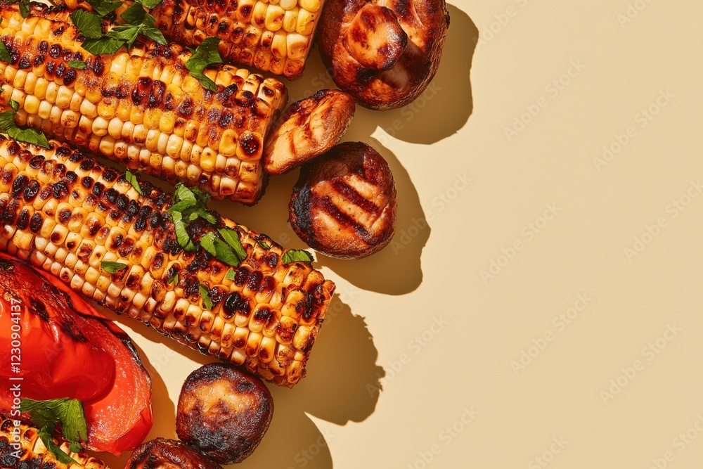 Naklejka premium Charred vegetable composition featuring grilled corn and mushrooms with vibrant greens on a light surface