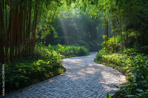 Pathway in a lush bamboo forest with sunlight streaming through photo